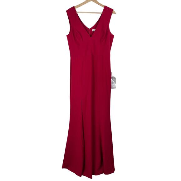 Dress the Population Sandra Gown Sz L Garnet Red Plunge Trumpet Wedding Evening - Picture 5 of 12